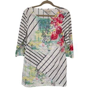 Zenergy By Chicos Womens 3/4 Sleeve Tunic Top Size large Striped  Floral Design